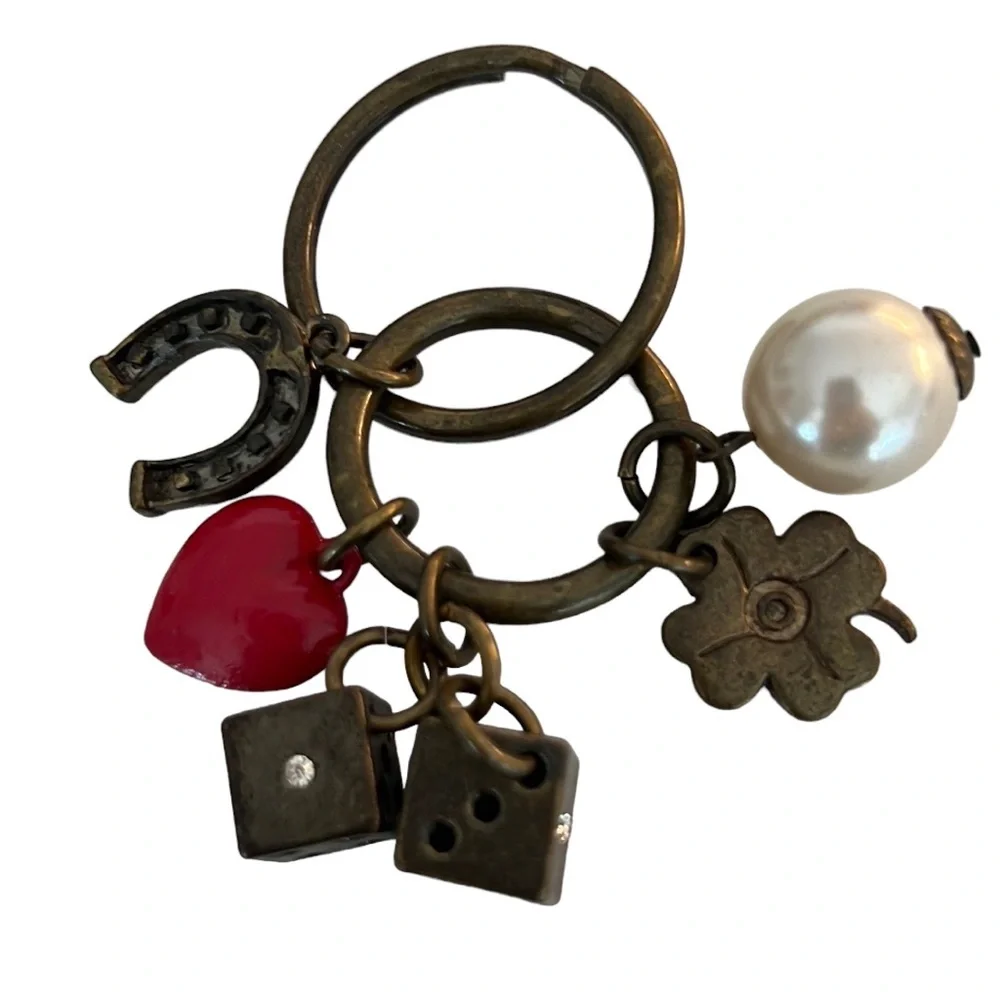 NWOT NINE WEST Brass tone keychain with 6 good luck charms​ pearl heart clover